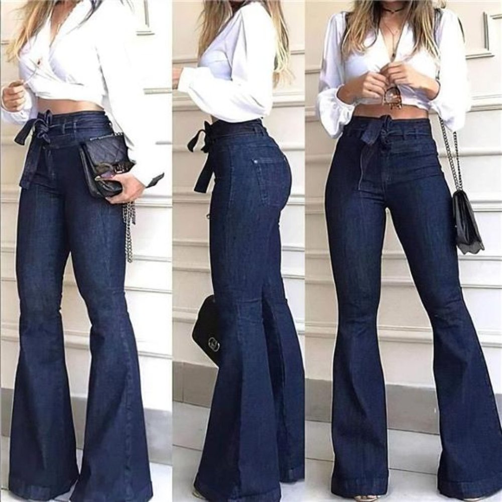 Dark Wash High Waist Bell Bottom Flare Jeans Wide Leg Belted Bow Denim Pants - Picture 2 of 6